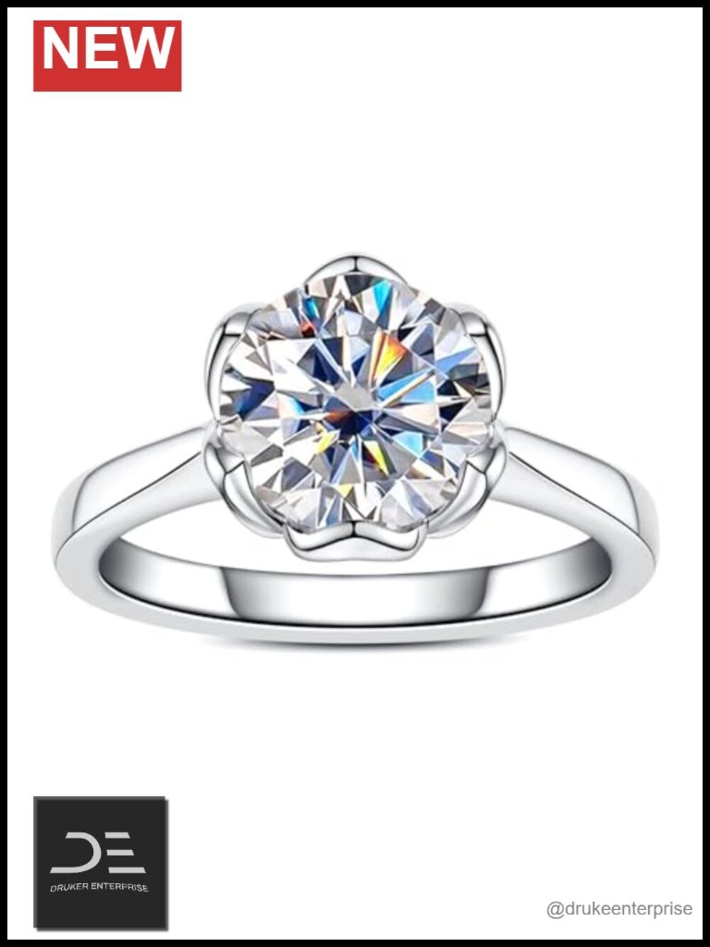 3CT Moissanite Solitaire Engagement Ring 925 Sterling Silver Prong Round